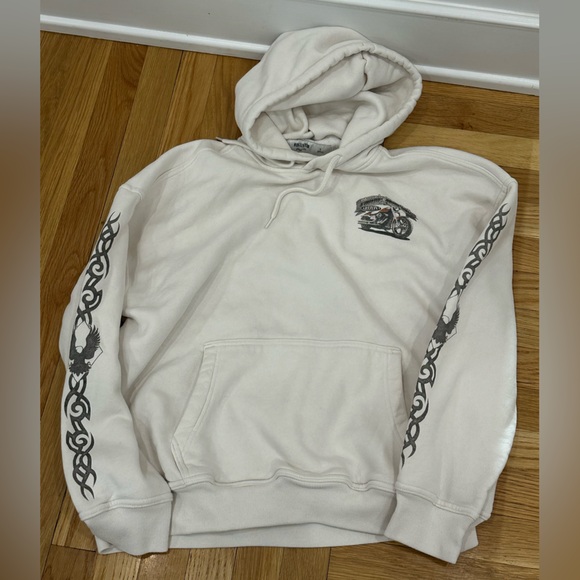 Hollister Other - Hollister Men's Cream Hoodie with Motorcycle and Eagle Graphic Design